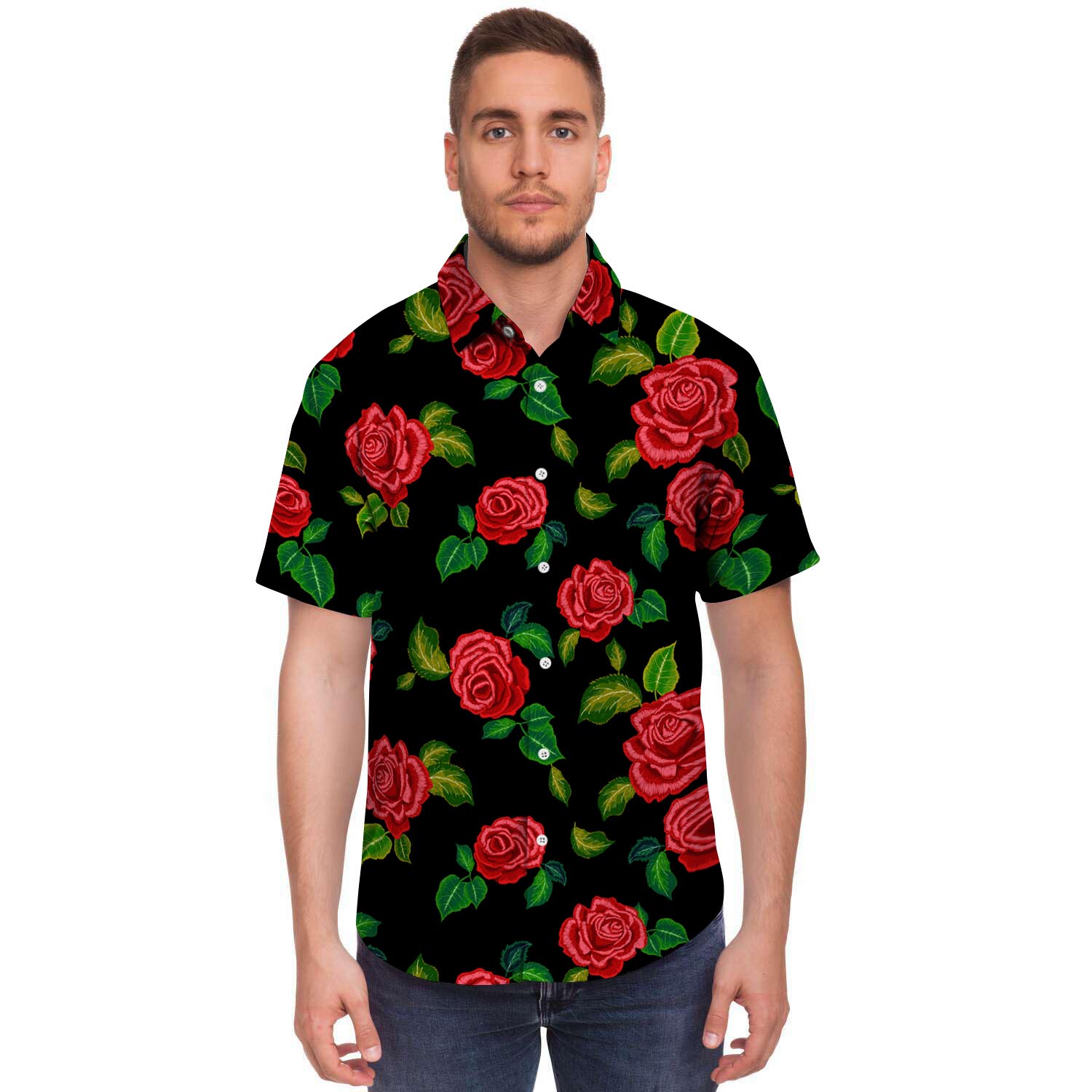 Embroidery Red Rose Floral Print Men's Short Sleeve Shirt-grizzshop
