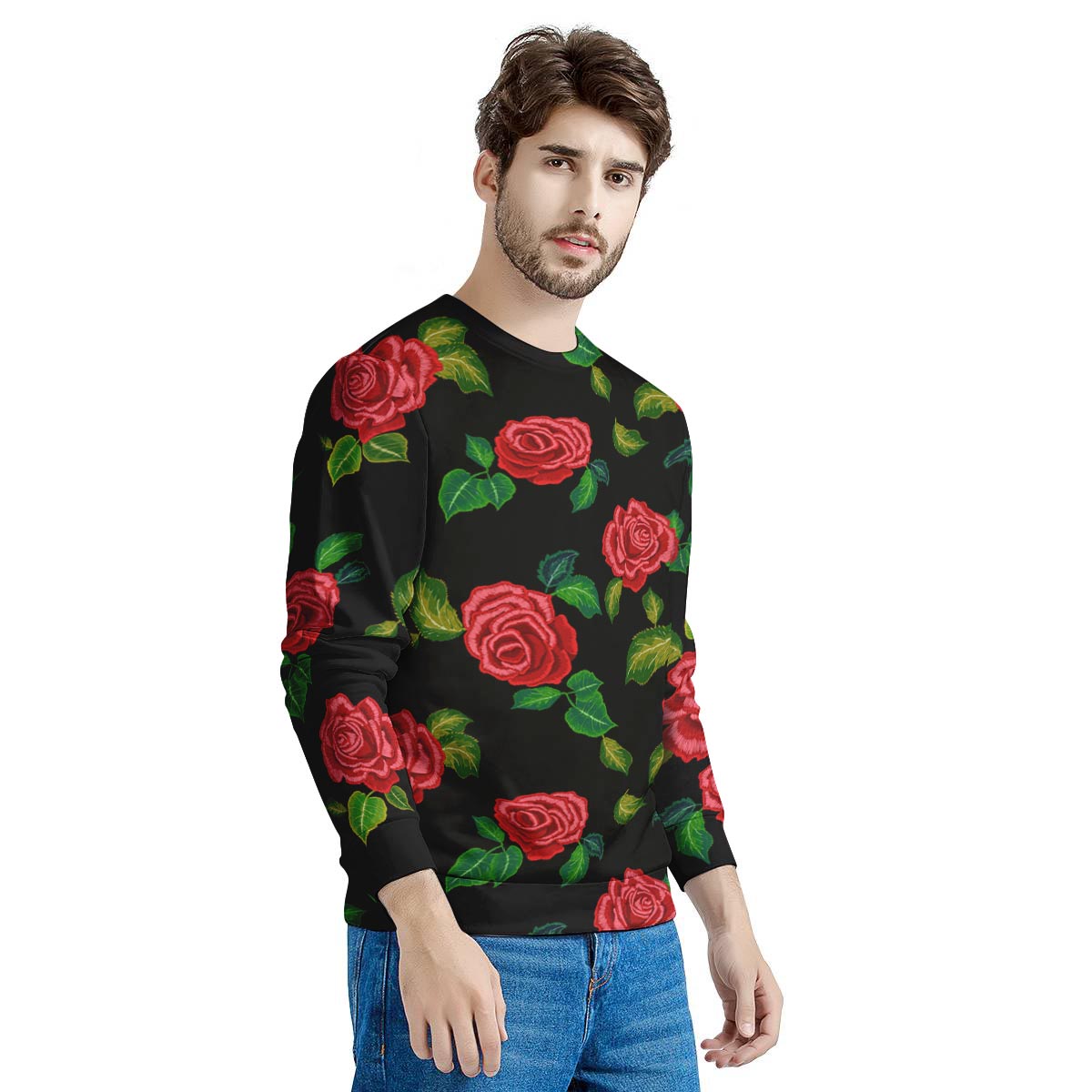 Embroidery Red Rose Floral Print Men's Sweatshirt-grizzshop