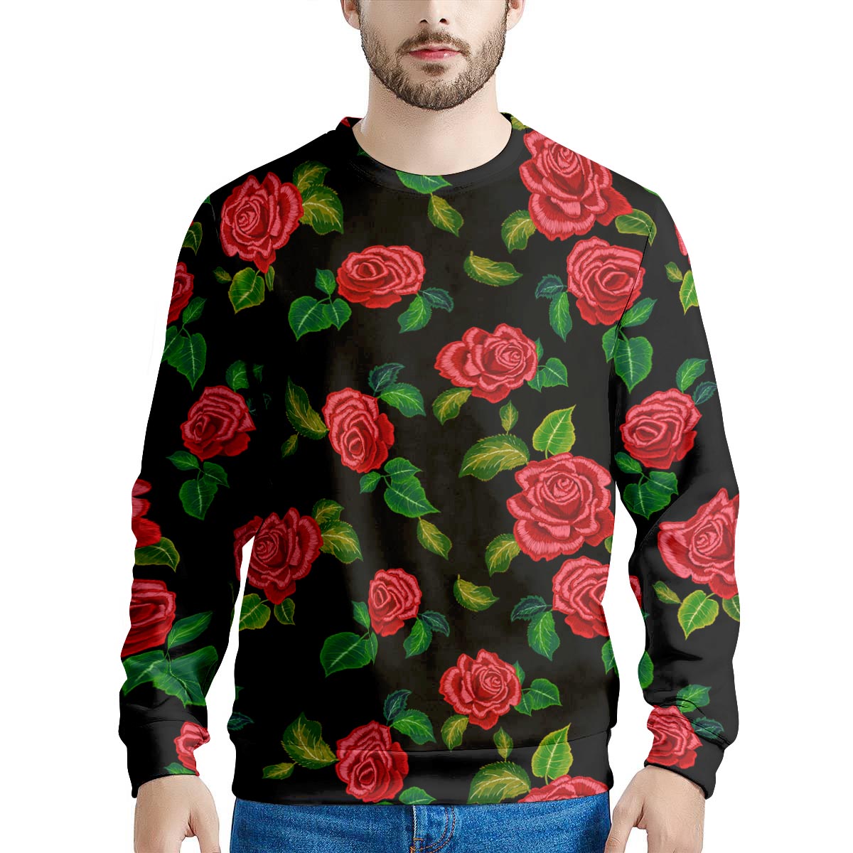 Embroidery Red Rose Floral Print Men's Sweatshirt-grizzshop