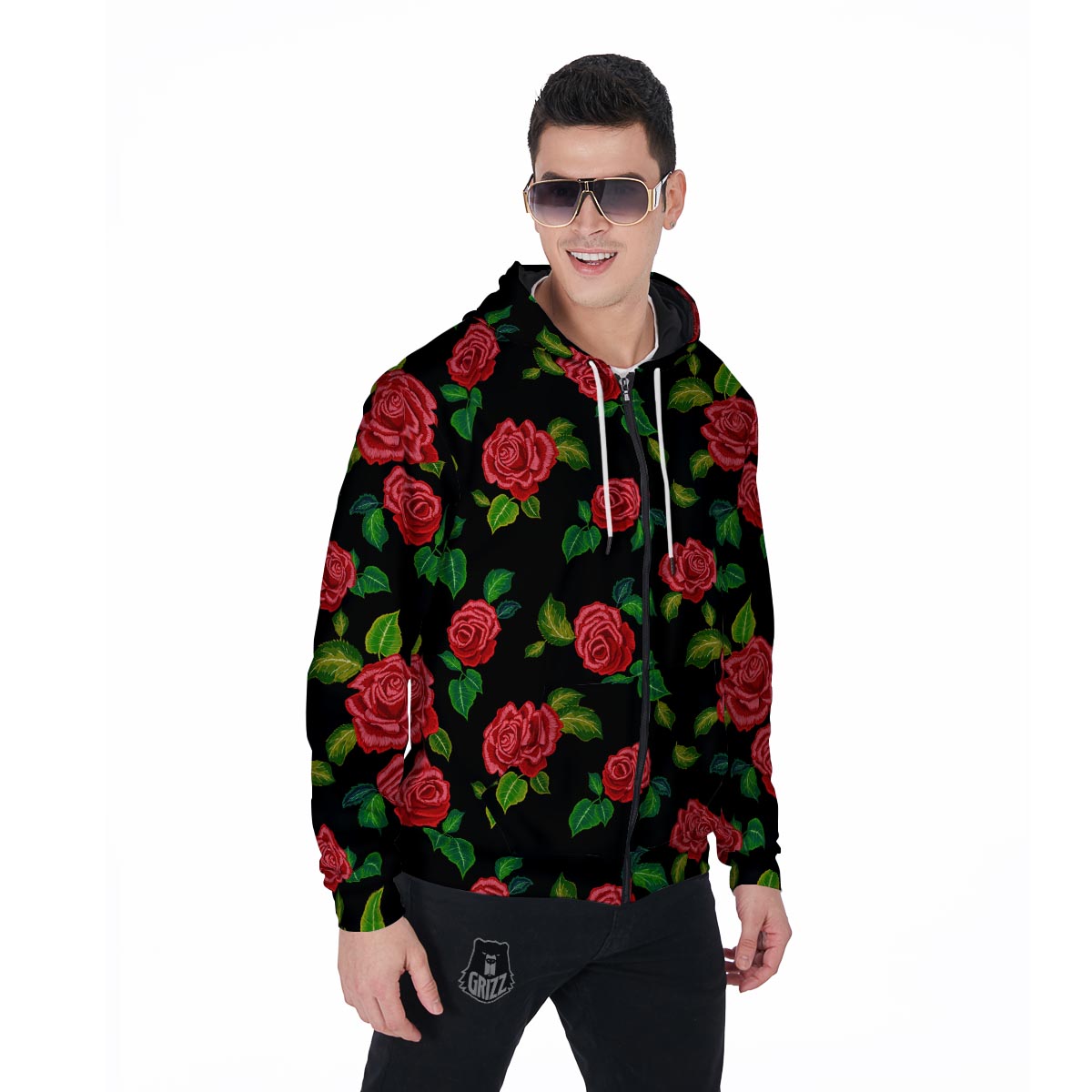 Embroidery Red Rose Floral Print Men's Zip Up Hoodie-grizzshop