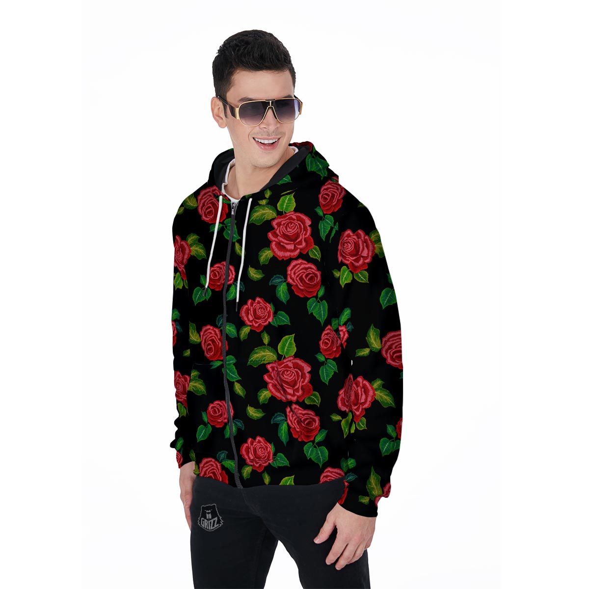 Embroidery Red Rose Floral Print Men's Zip Up Hoodie-grizzshop