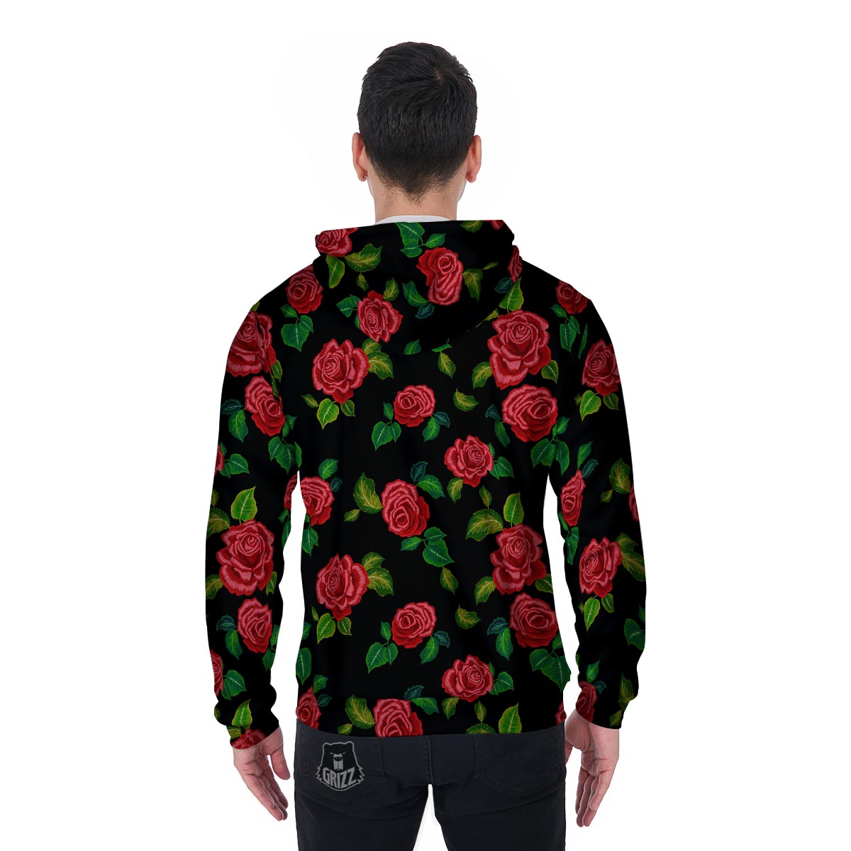 Embroidery Red Rose Floral Print Men's Zip Up Hoodie-grizzshop