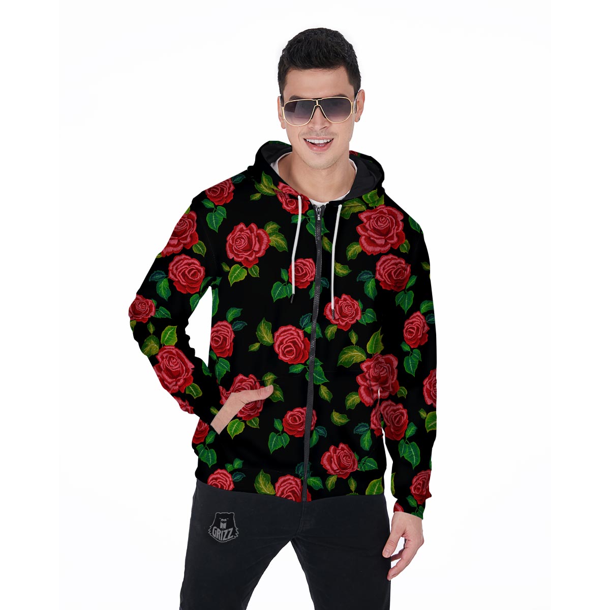 Embroidery Red Rose Floral Print Men's Zip Up Hoodie-grizzshop