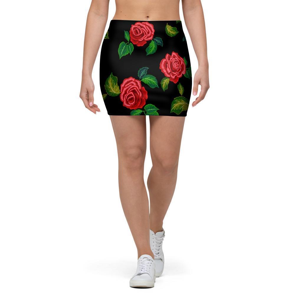 Embroidery Red Rose Floral Print Mini Skirt-grizzshop