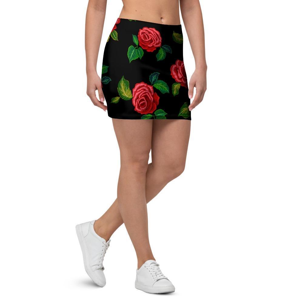 Embroidery Red Rose Floral Print Mini Skirt-grizzshop