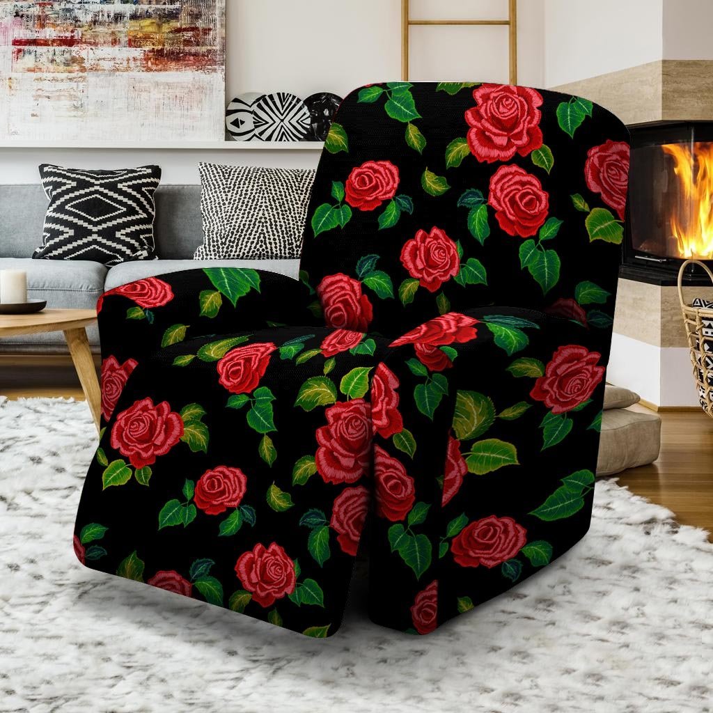 Embroidery Red Rose Floral Print Recliner Cover-grizzshop