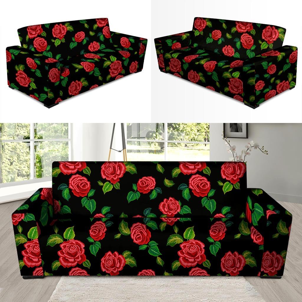 Embroidery Red Rose Floral Print Sofa Cover-grizzshop