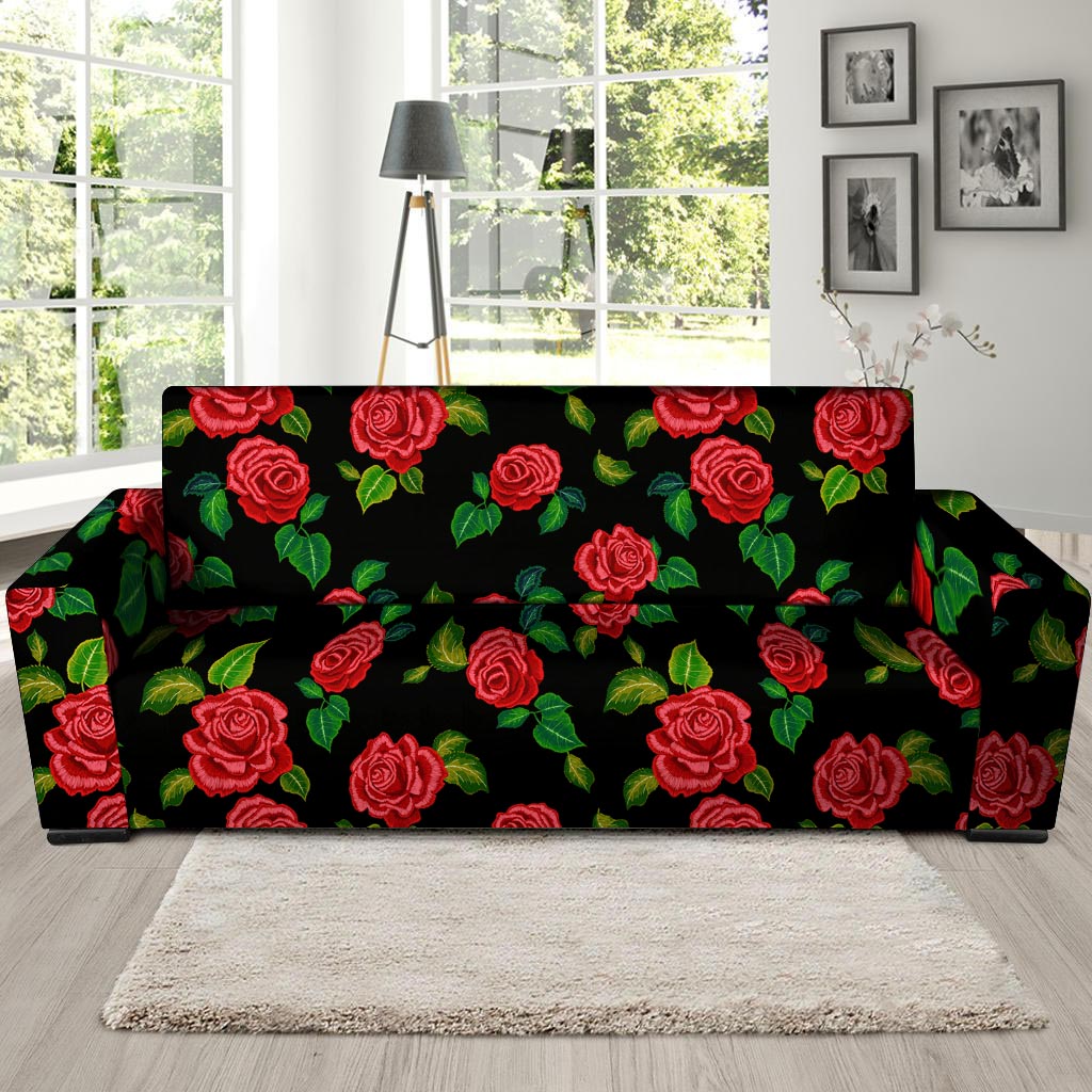 Embroidery Red Rose Floral Print Sofa Cover-grizzshop