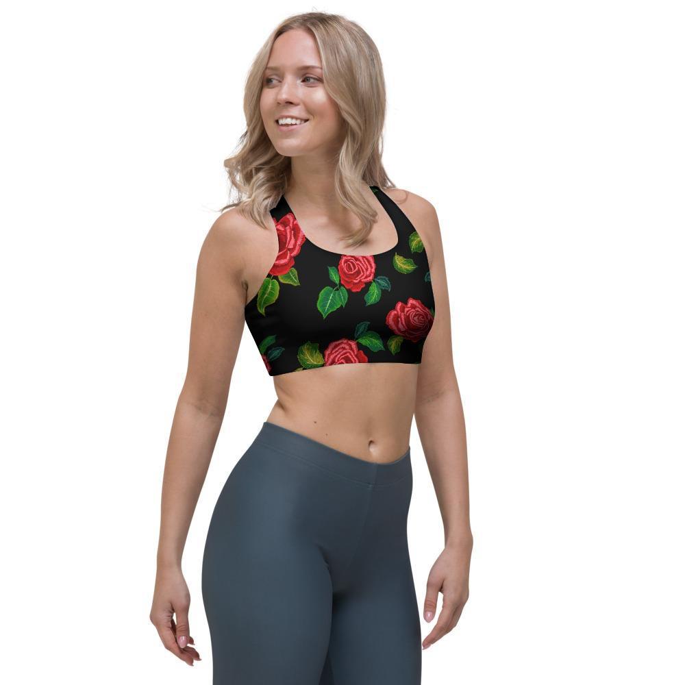 Embroidery Red Rose Floral Print Sports Bra-grizzshop