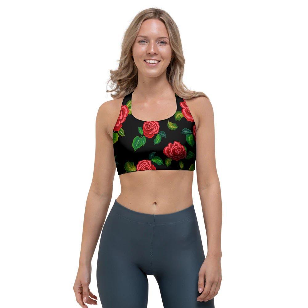 Embroidery Red Rose Floral Print Sports Bra-grizzshop