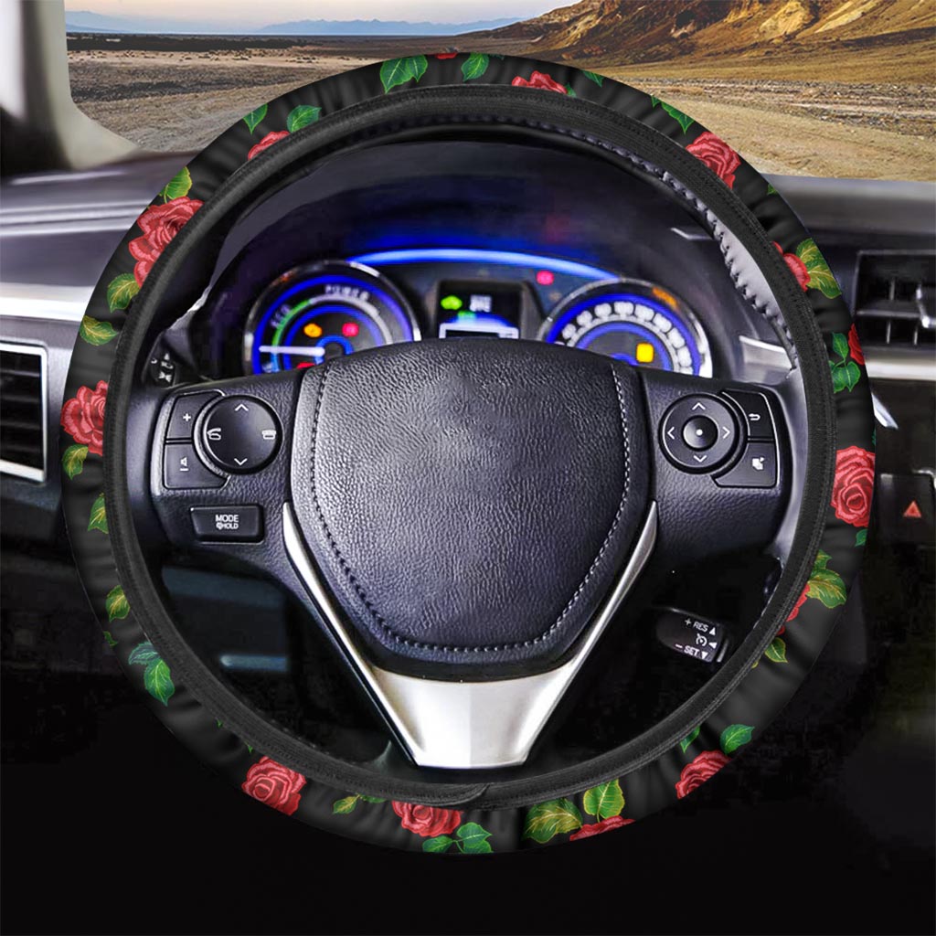 Embroidery Red Rose Floral Print Steering Wheel Cover-grizzshop