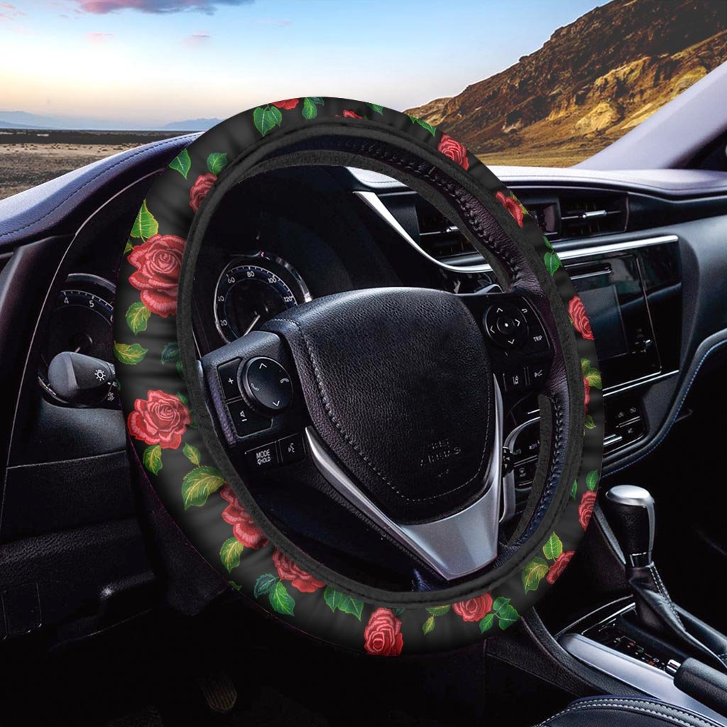 Embroidery Red Rose Floral Print Steering Wheel Cover-grizzshop