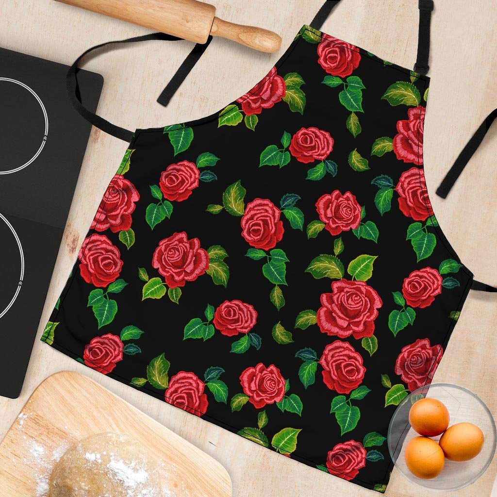 Embroidery Red Rose Floral Print Women's Apron-grizzshop