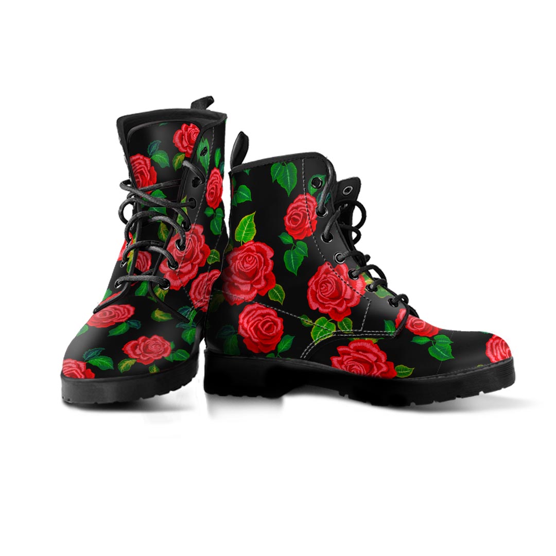 Embroidery Red Rose Floral Print Women's Boots-grizzshop