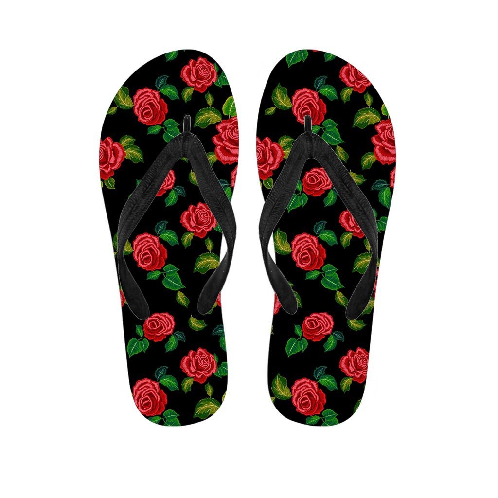 Embroidery Red Rose Floral Print Women's Flip Flops-grizzshop