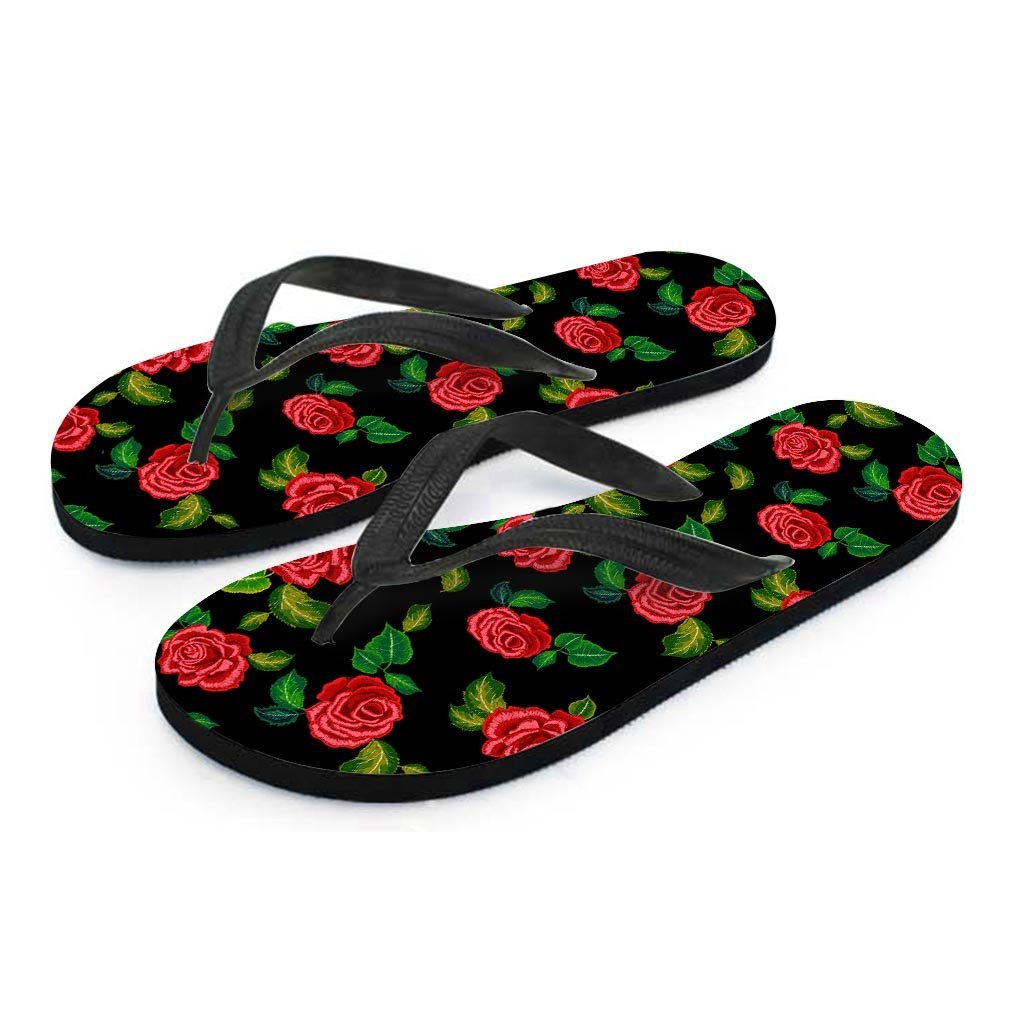 Embroidery Red Rose Floral Print Women's Flip Flops-grizzshop