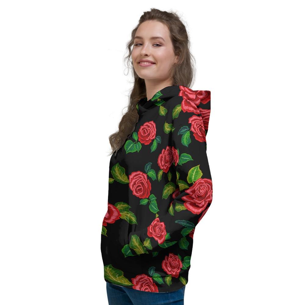 Embroidery Red Rose Floral Print Women's Hoodie-grizzshop