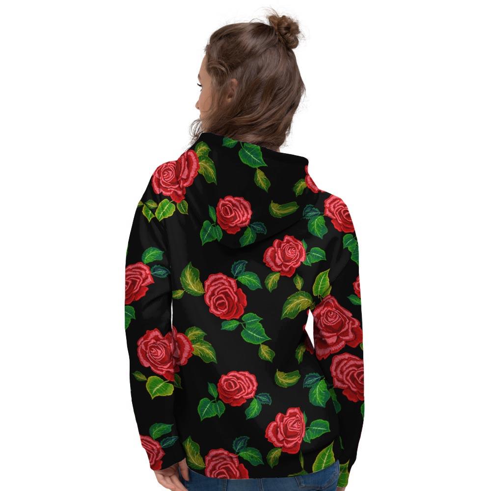 Embroidery Red Rose Floral Print Women's Hoodie-grizzshop