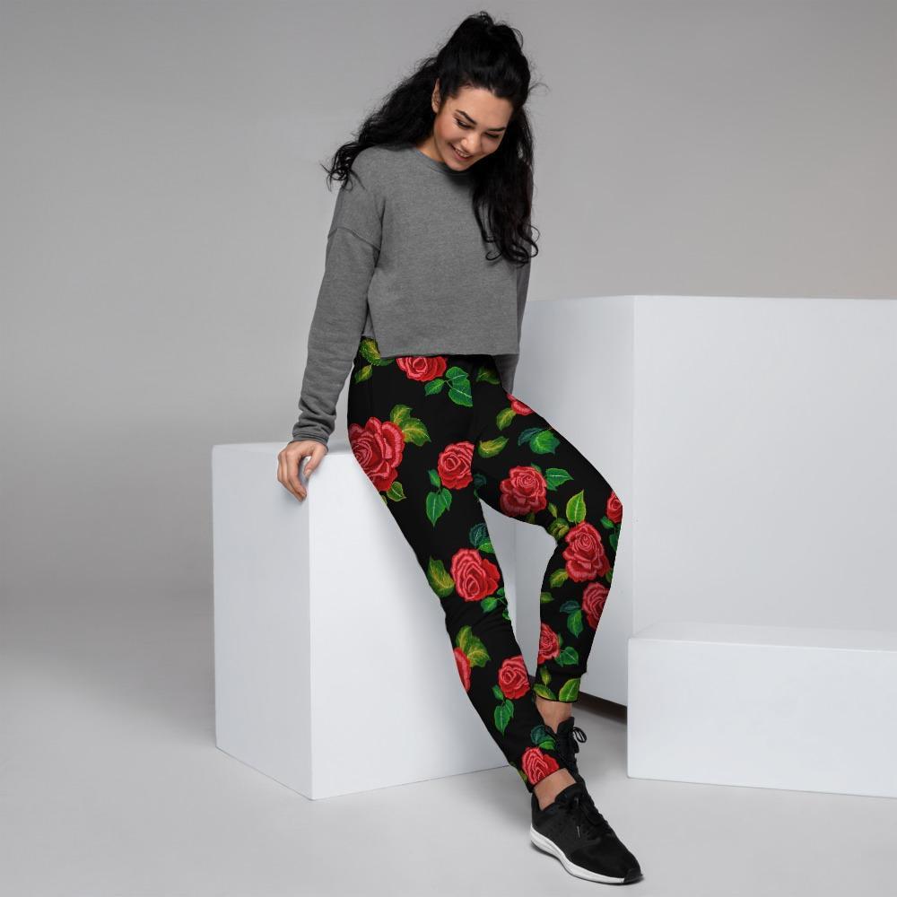 Embroidery Red Rose Floral Print Women's Joggers-grizzshop