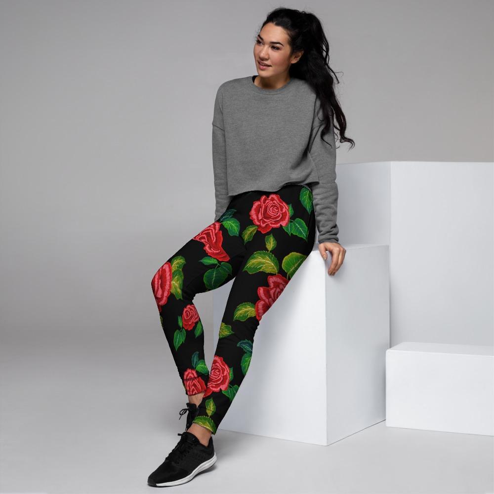 Embroidery Red Rose Floral Print Women's Joggers-grizzshop