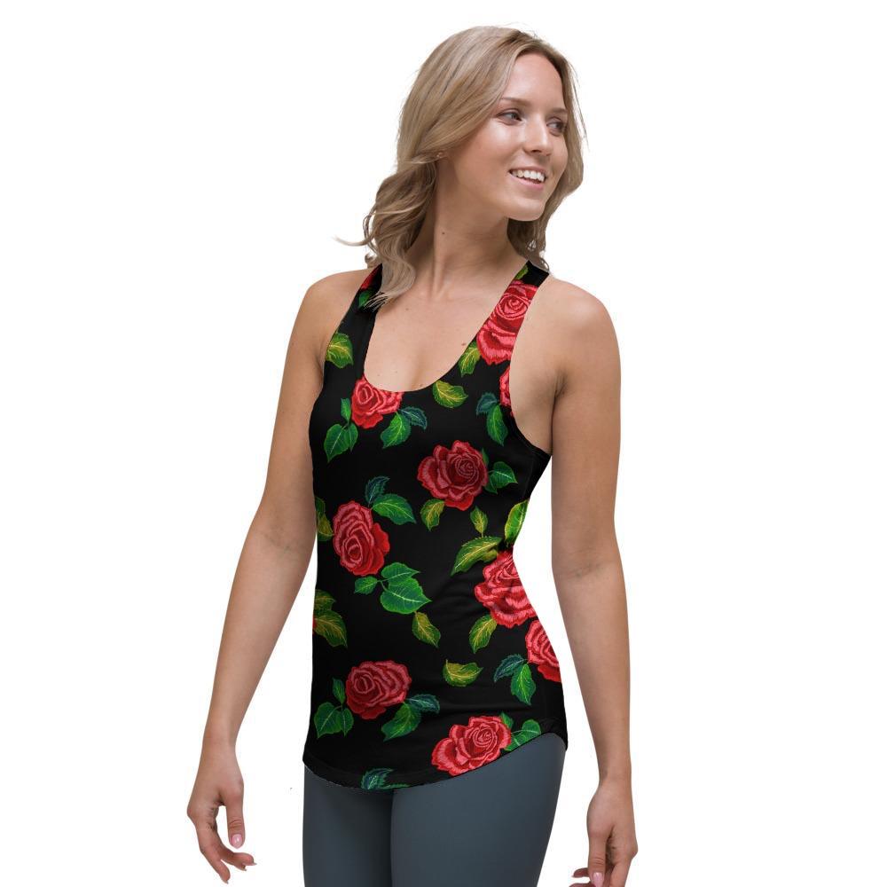 Embroidery Red Rose Floral Print Women's Racerback Tank Top-grizzshop