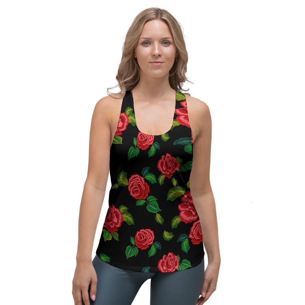 Embroidery Red Rose Floral Print Women's Racerback Tank Top-grizzshop