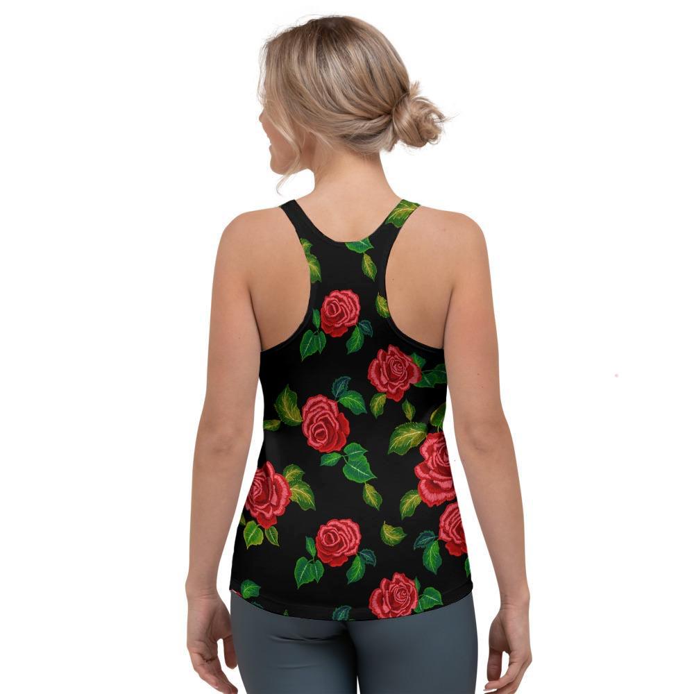 Embroidery Red Rose Floral Print Women's Racerback Tank Top-grizzshop
