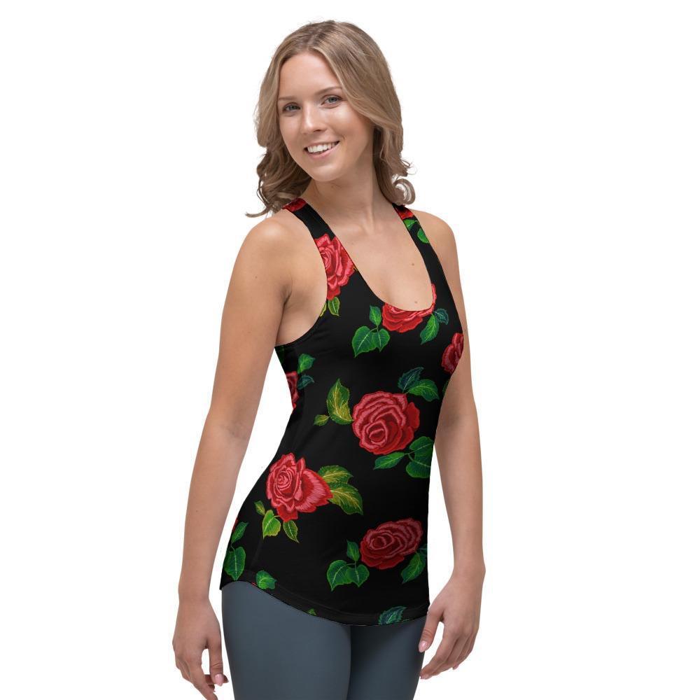 Embroidery Red Rose Floral Print Women's Racerback Tank Top-grizzshop