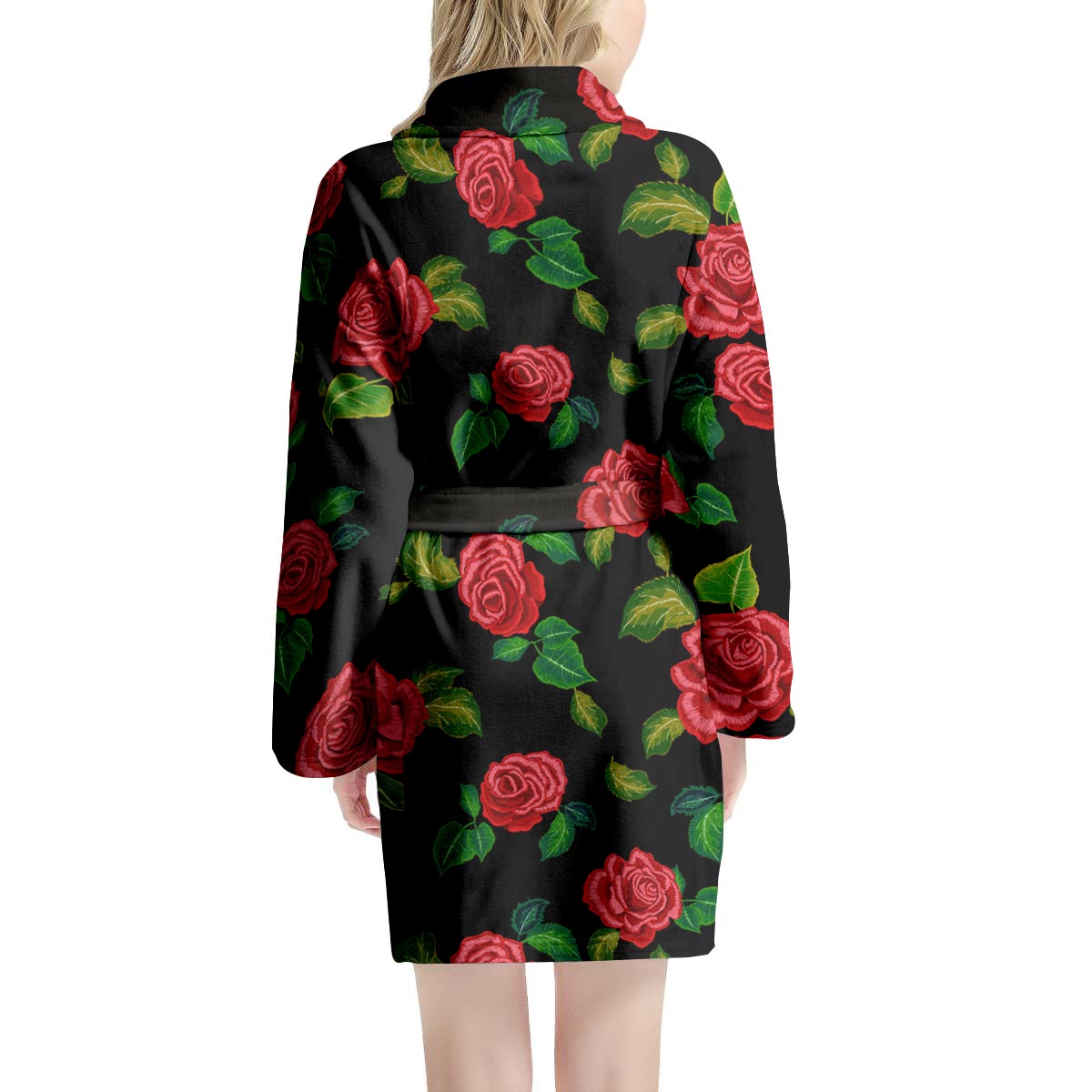 Embroidery Red Rose Floral Print Women's Robe-grizzshop