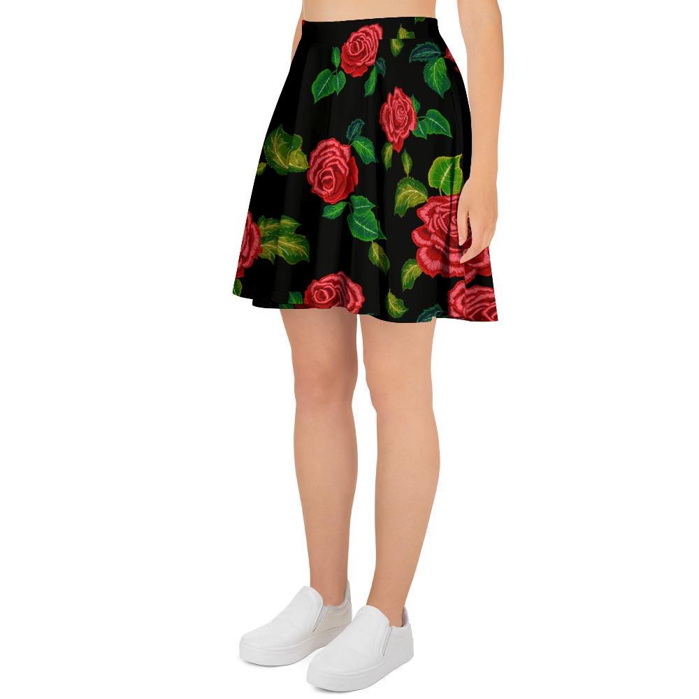 Embroidery Red Rose Floral Print Women's Skirt-grizzshop