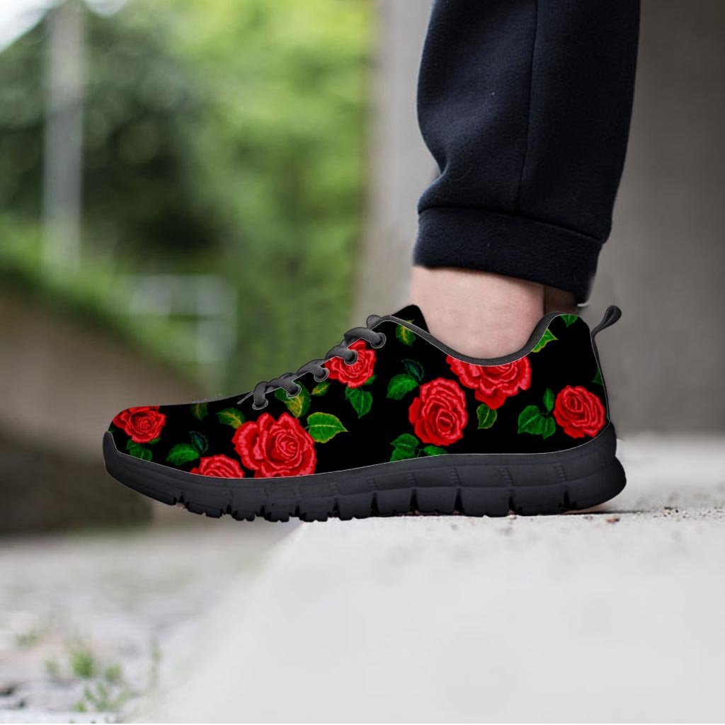 Embroidery Red Rose Floral Print Women's Sneakers-grizzshop