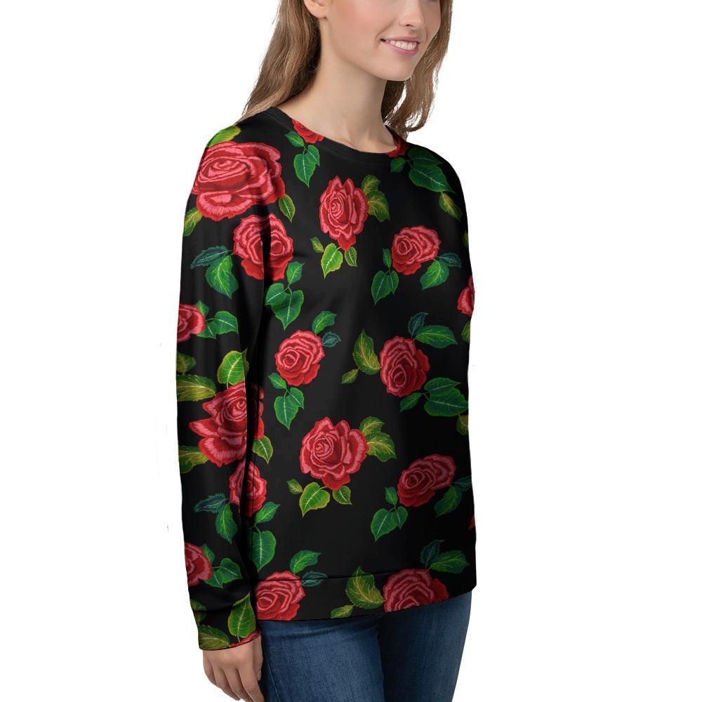 Embroidery Red Rose Floral Print Women's Sweatshirt-grizzshop