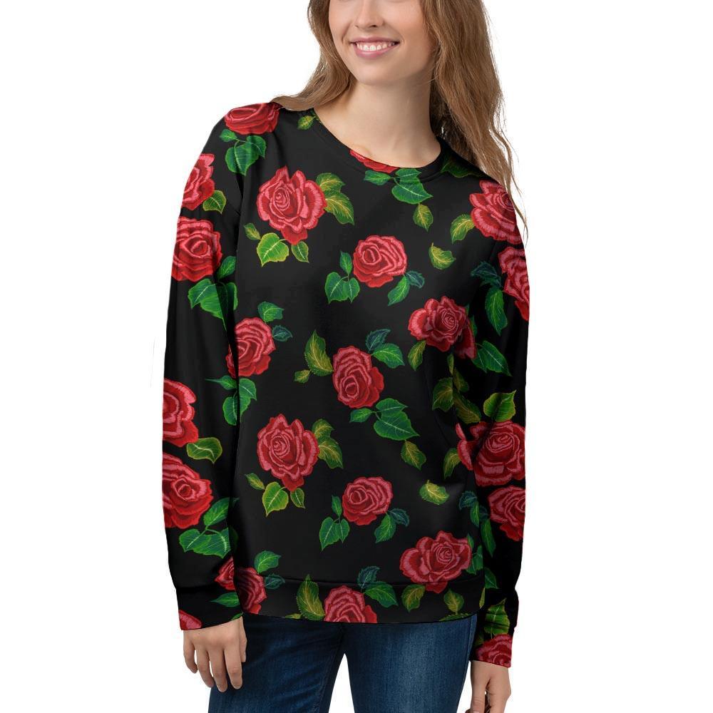 Embroidery Red Rose Floral Print Women's Sweatshirt-grizzshop