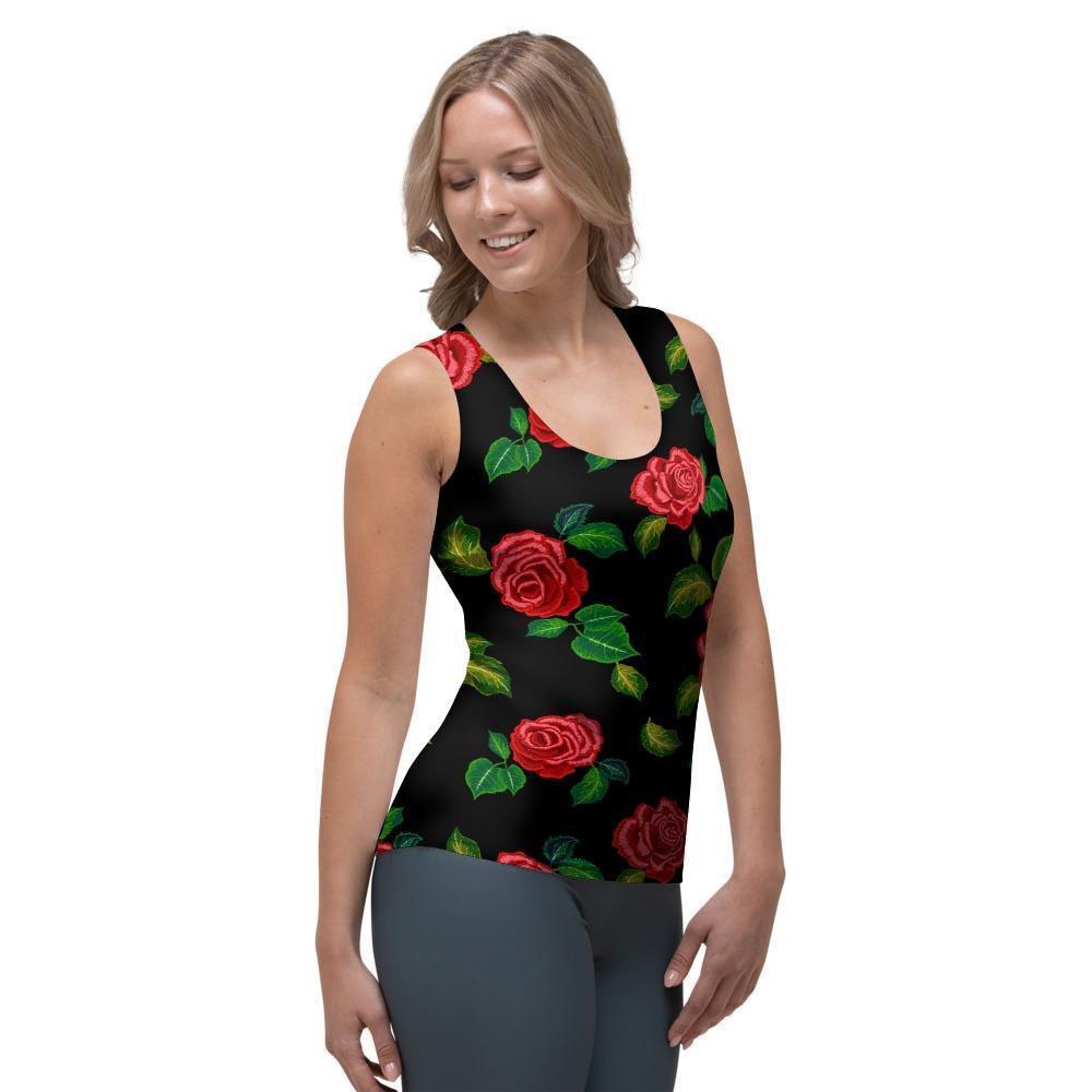 Embroidery Red Rose Floral Print Women's Tank Top-grizzshop