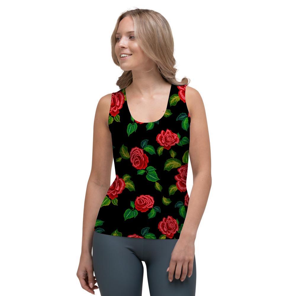 Embroidery Red Rose Floral Print Women's Tank Top-grizzshop