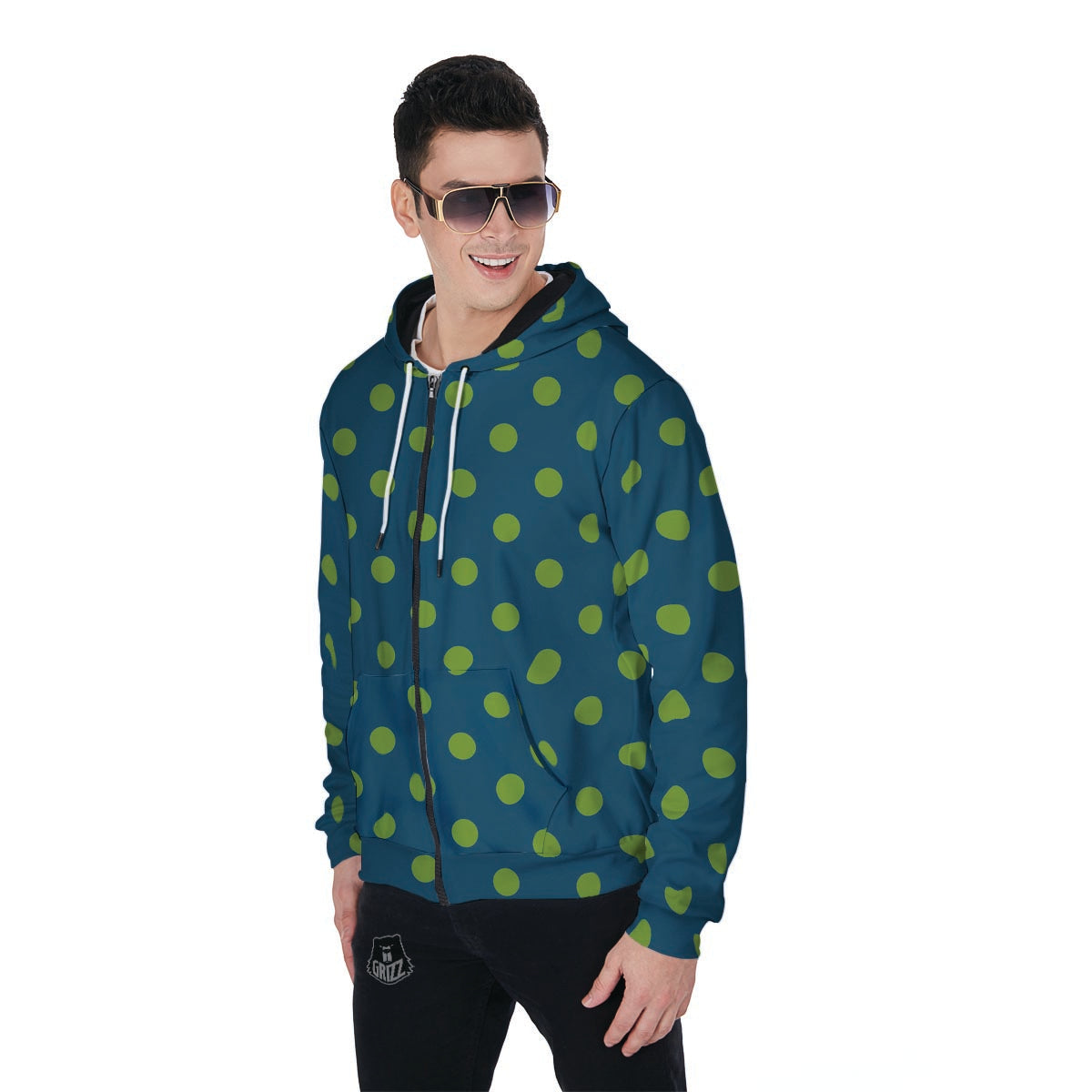 Emerald Green Polka Dot Men's Zip Up Hoodie-grizzshop