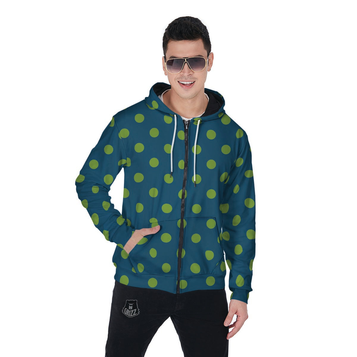 Emerald Green Polka Dot Men's Zip Up Hoodie-grizzshop