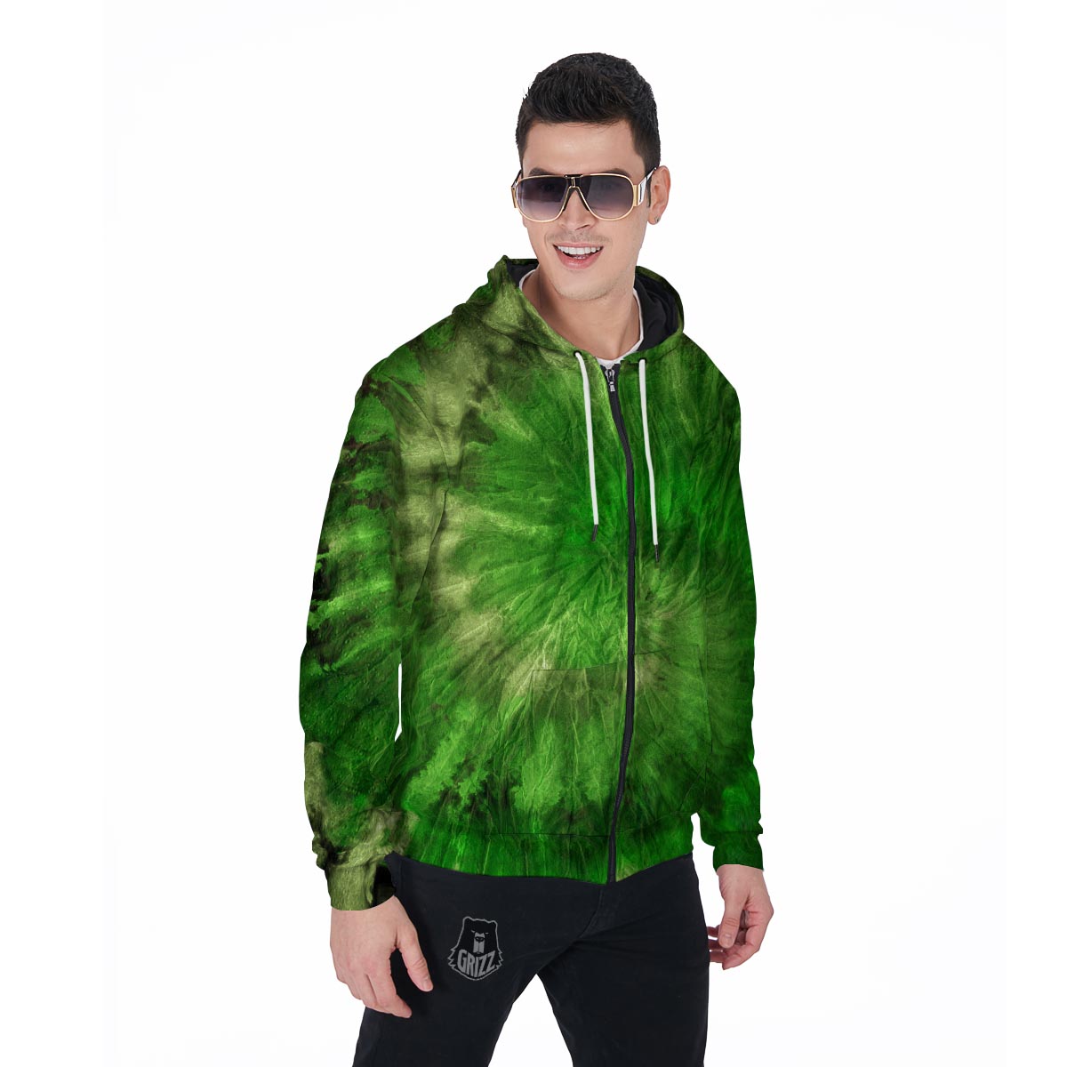 Emerald Green Tie Dye Men's Zip Up Hoodie-grizzshop