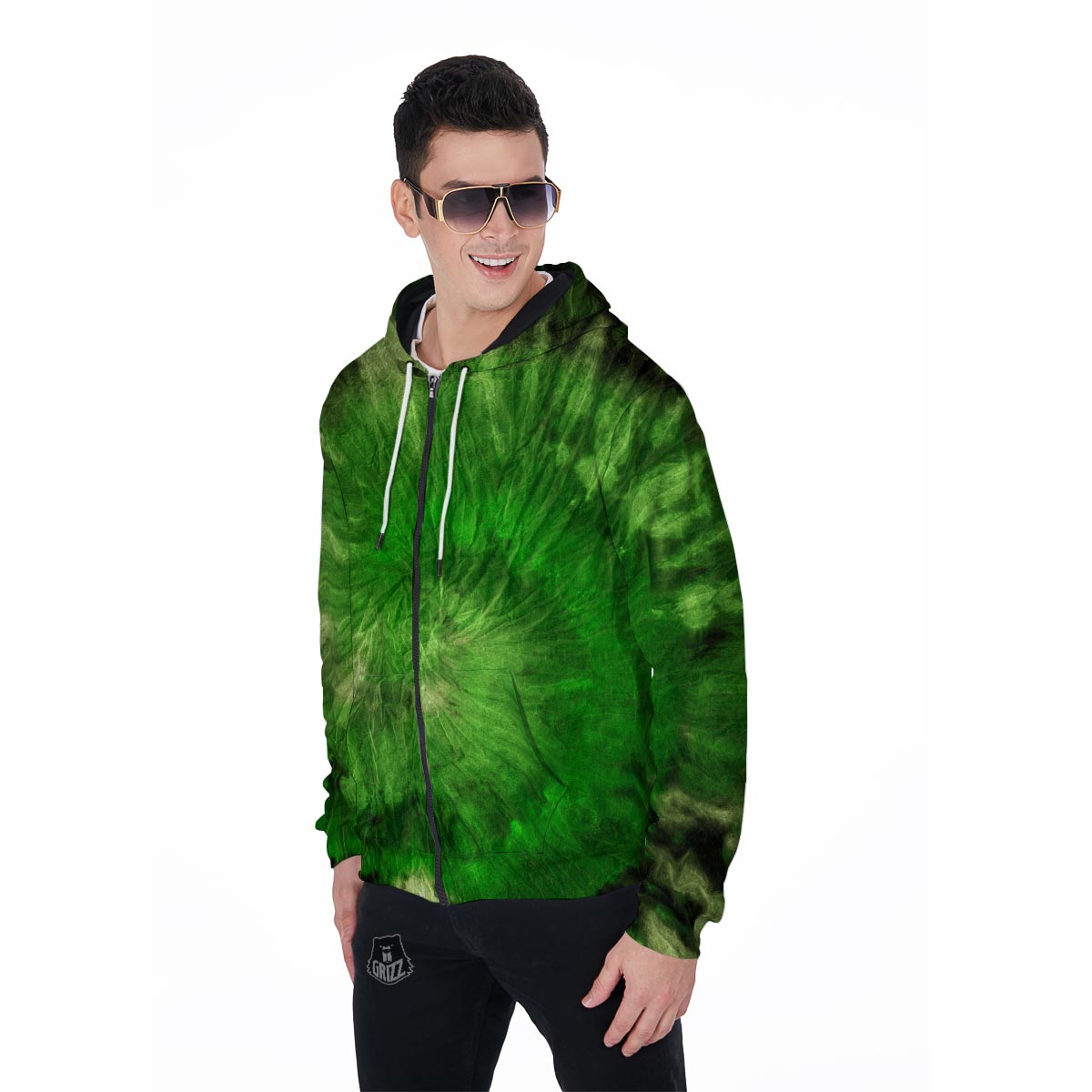 Emerald Green Tie Dye Men's Zip Up Hoodie-grizzshop
