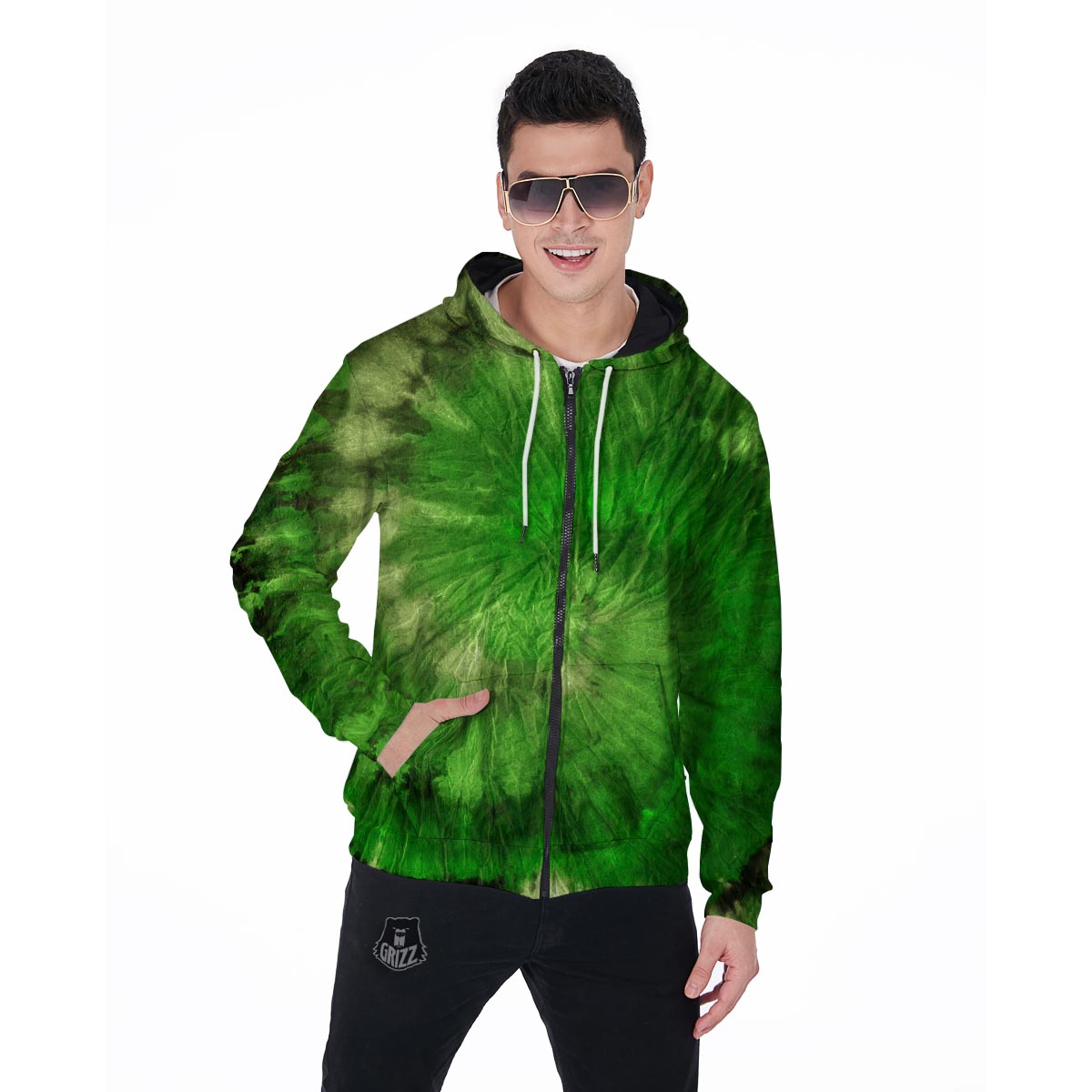 Emerald Green Tie Dye Men's Zip Up Hoodie-grizzshop