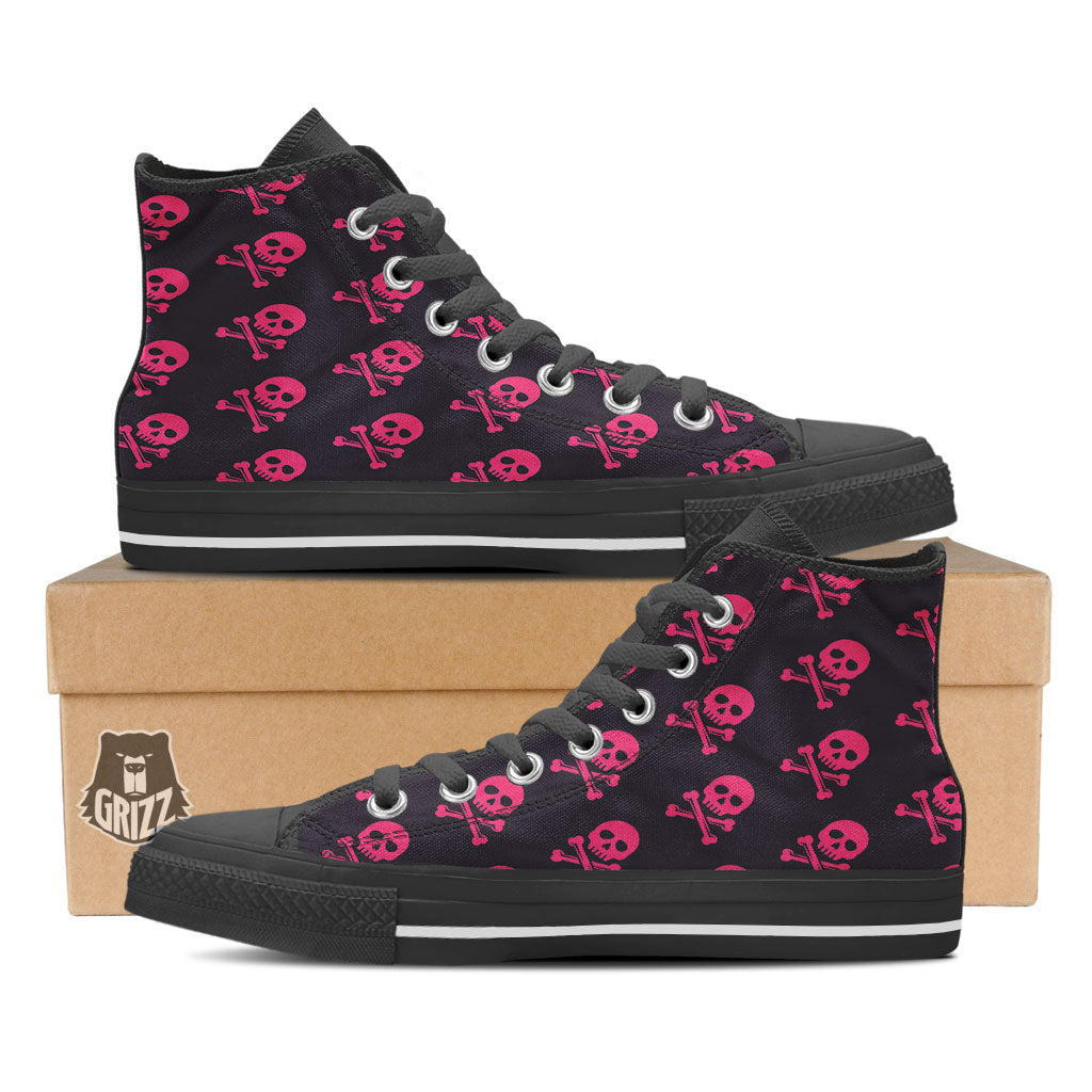 Emo Skull Pink Print Pattern Black High Top Shoes-grizzshop