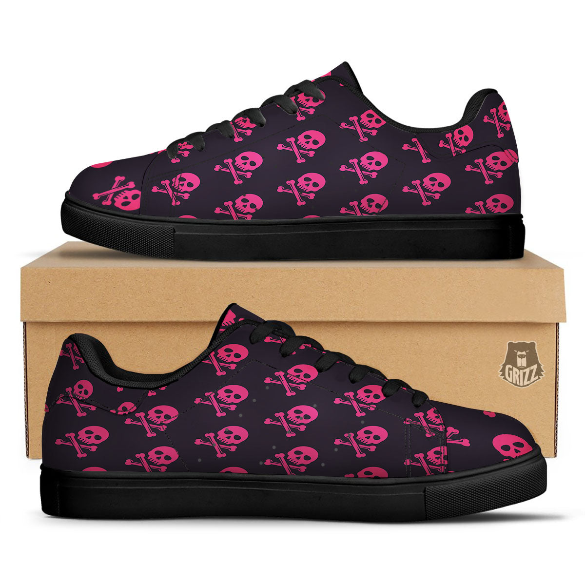Emo Skull Pink Print Pattern Black Low Top Sneakers-grizzshop