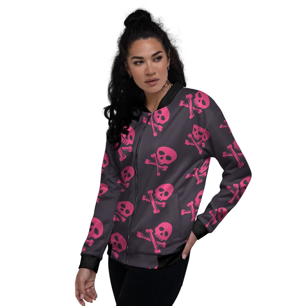 Emo Skull Pink Print Pattern Women's Bomber Jacket-grizzshop