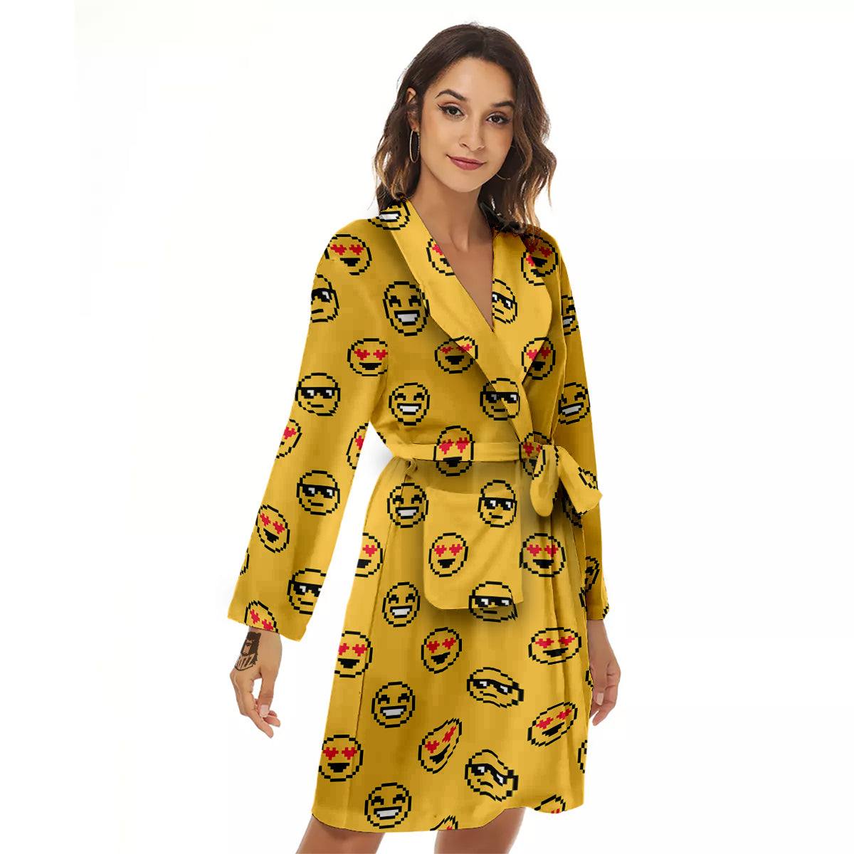 Emoji 8-Bit Print Pattern Women's Robe-grizzshop