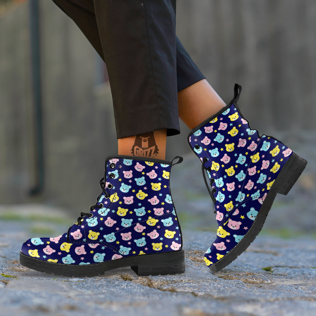 Emoji Bear Print Pattern Leather Boots-grizzshop