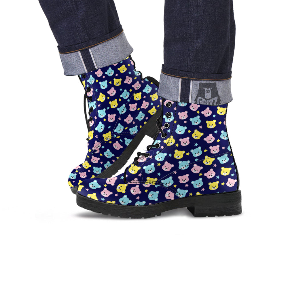 Emoji Bear Print Pattern Leather Boots-grizzshop