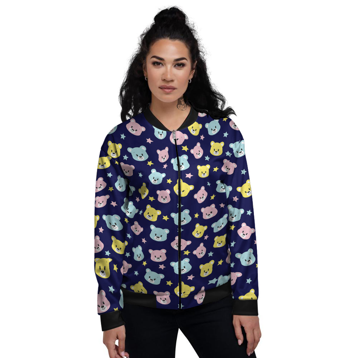 Emoji Bear Print Pattern Women's Bomber Jacket-grizzshop