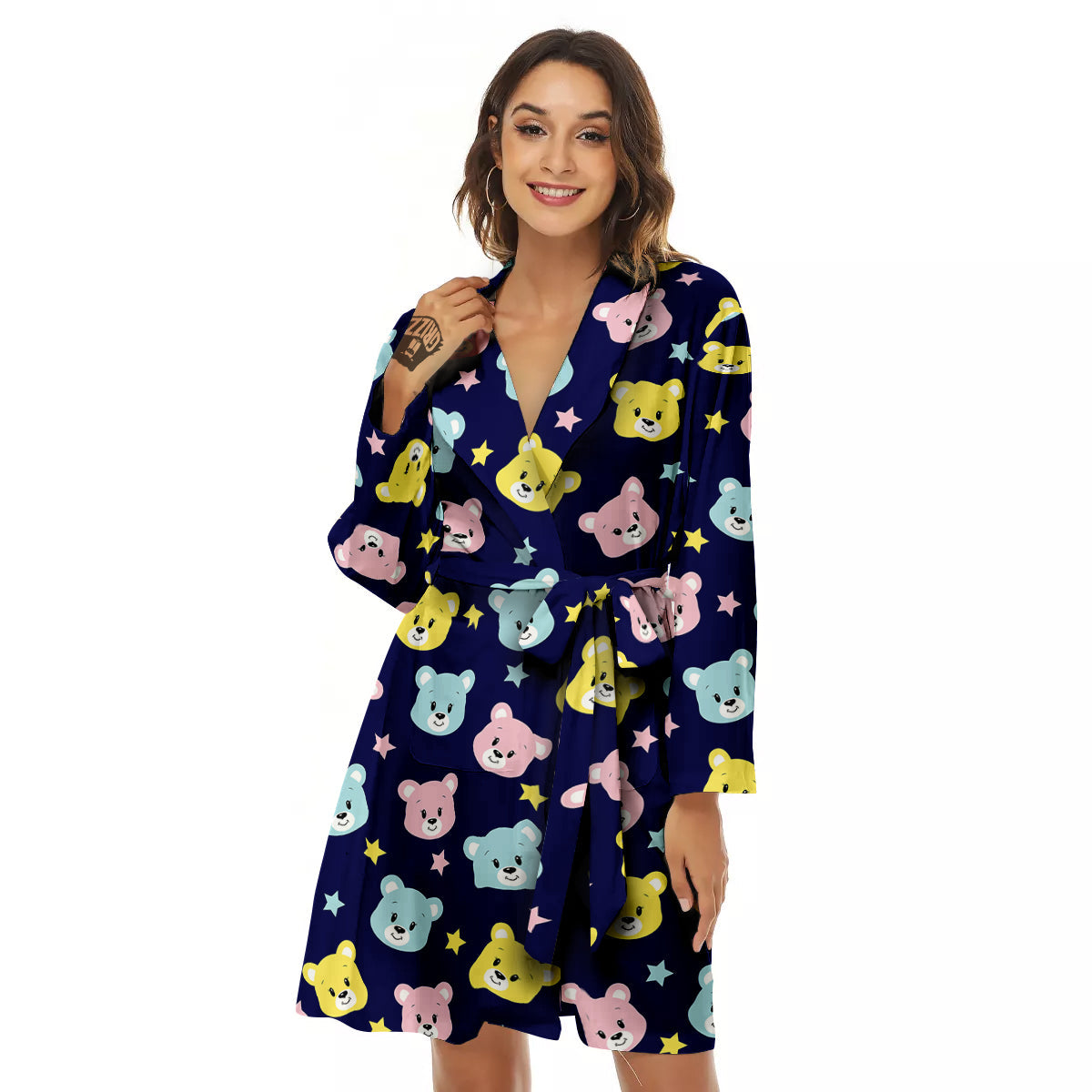 Emoji Bear Print Pattern Women's Robe-grizzshop