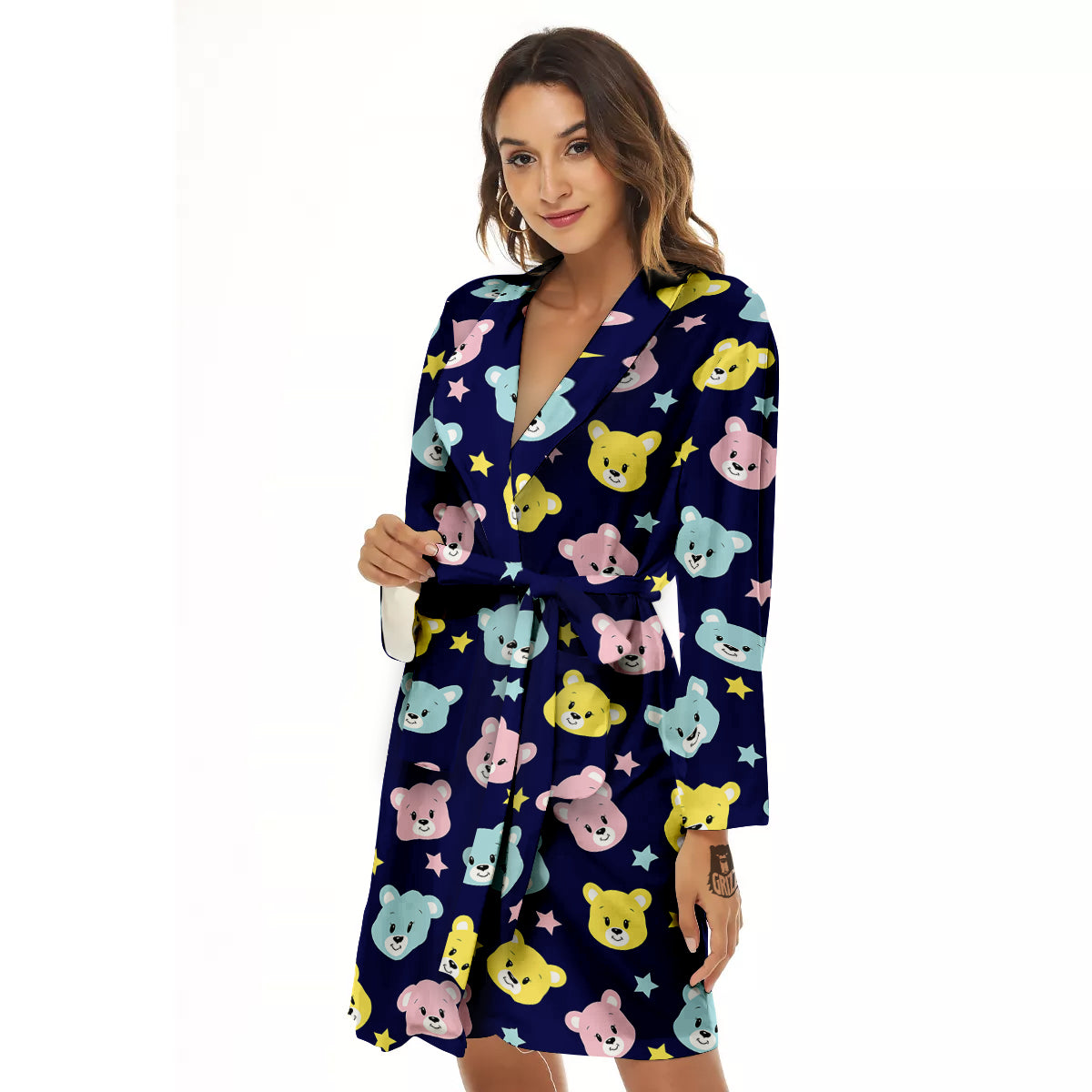 Emoji Bear Print Pattern Women's Robe-grizzshop