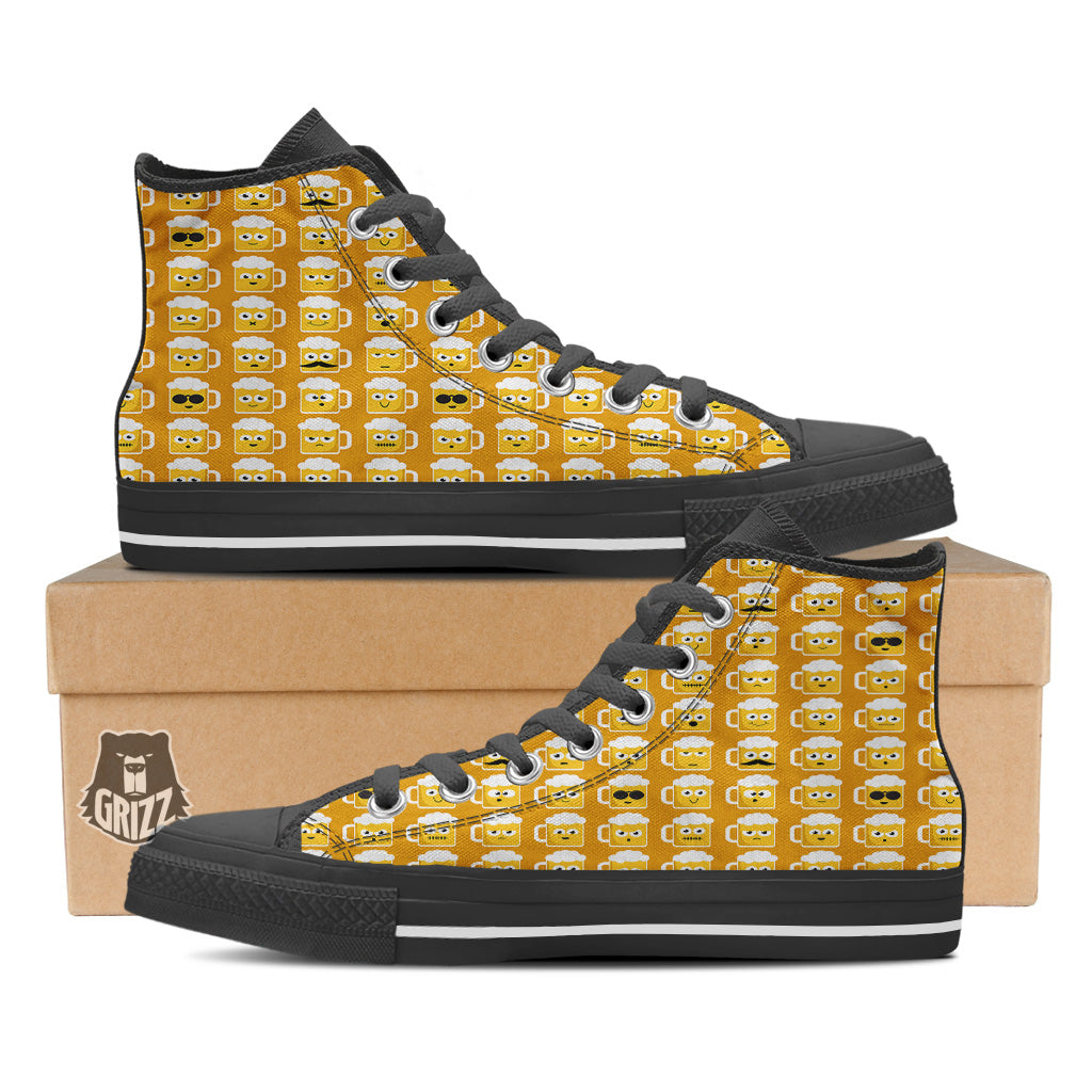 Emoji Beer Mugs Yellow Print Pattern Black High Top Shoes-grizzshop
